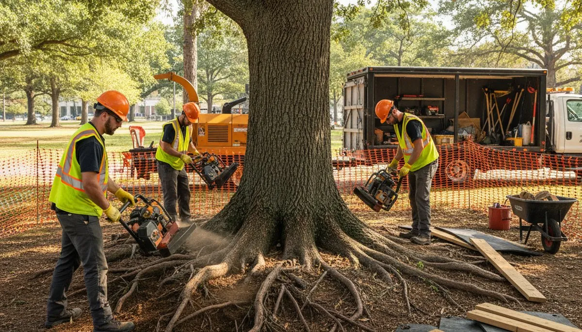 Tree service crew protecting roots in Saugus, MA for healthy trees and stable landscaping