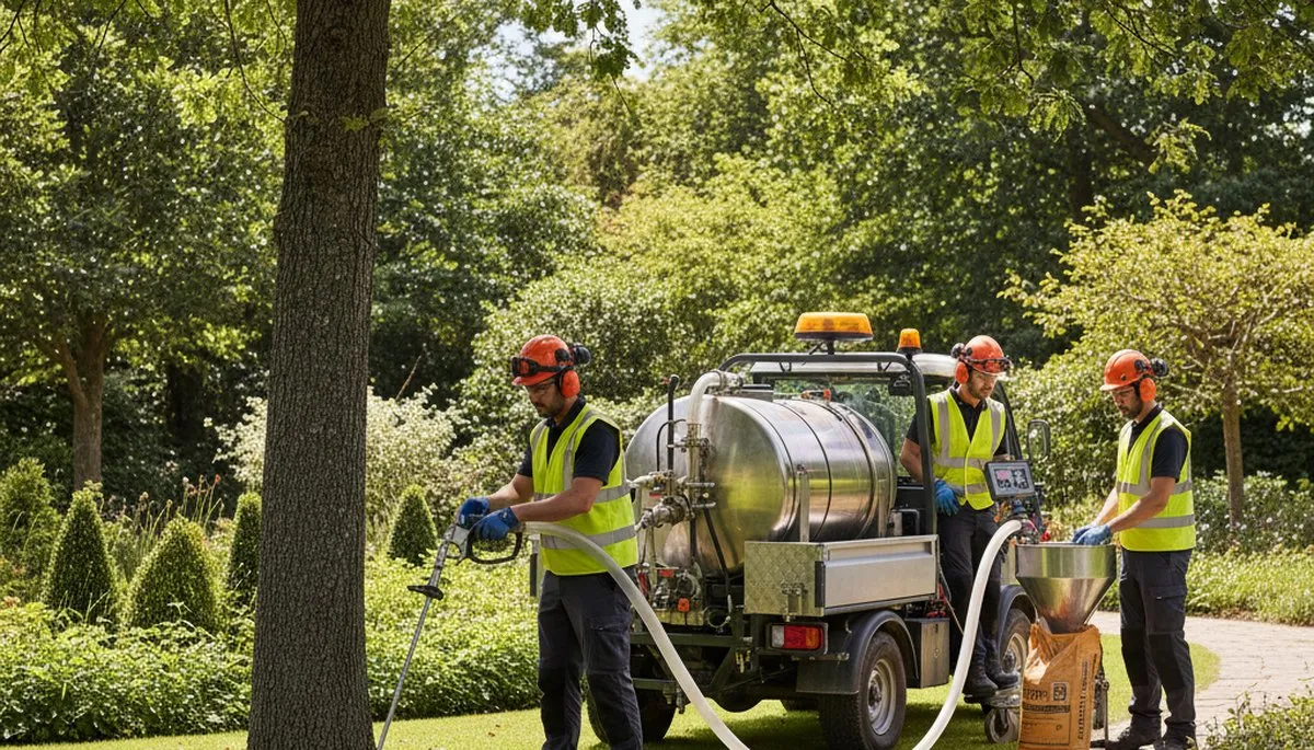 Tree service technician fertilizing trees in Saugus, MA for healthier roots and growth