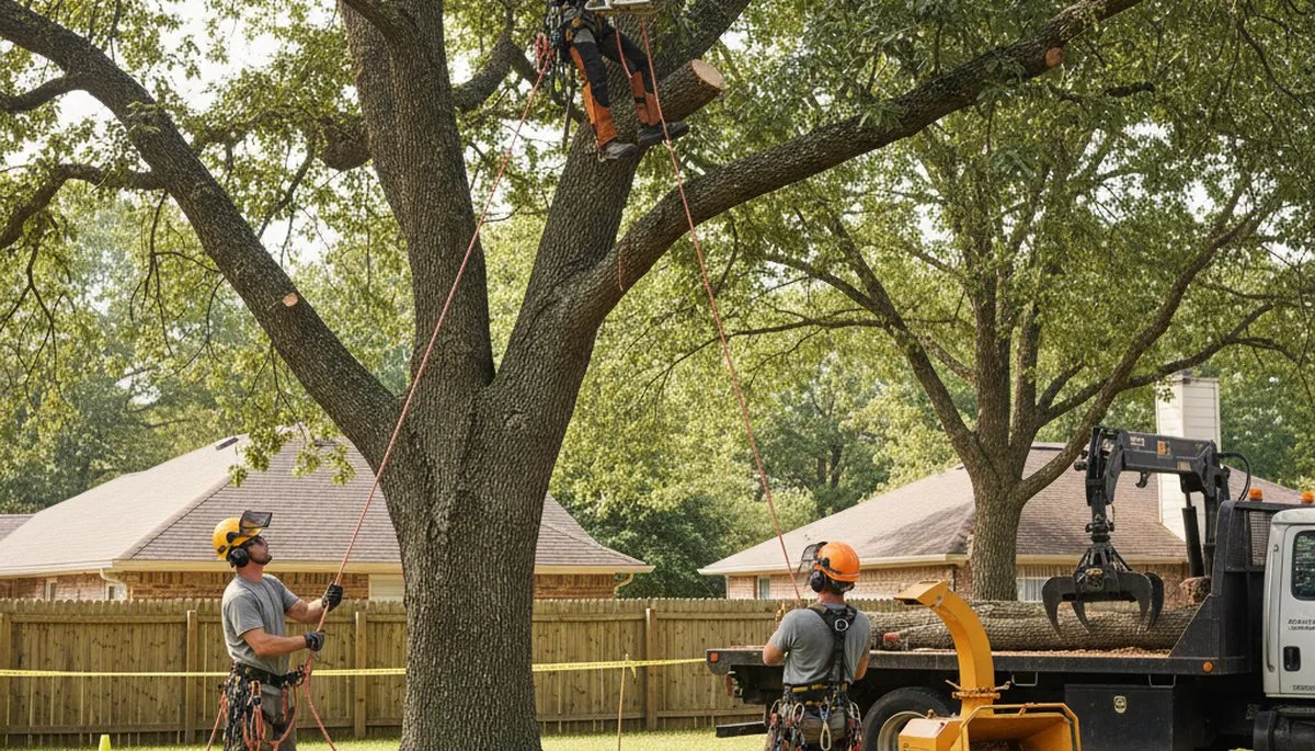 Saugus, MA tree removal crew safely removing a hazardous tree on a residential property