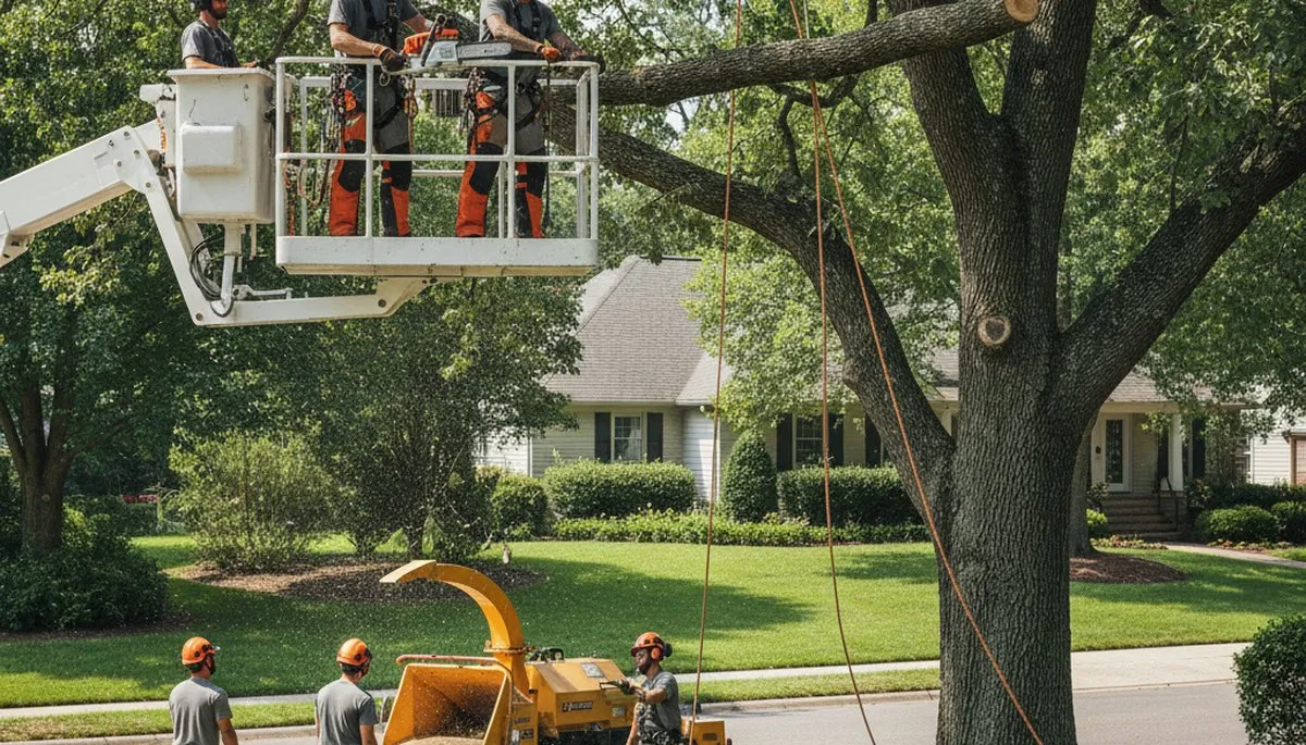 Saugus, MA tree removal crew safely removing a hazardous storm-damaged tree