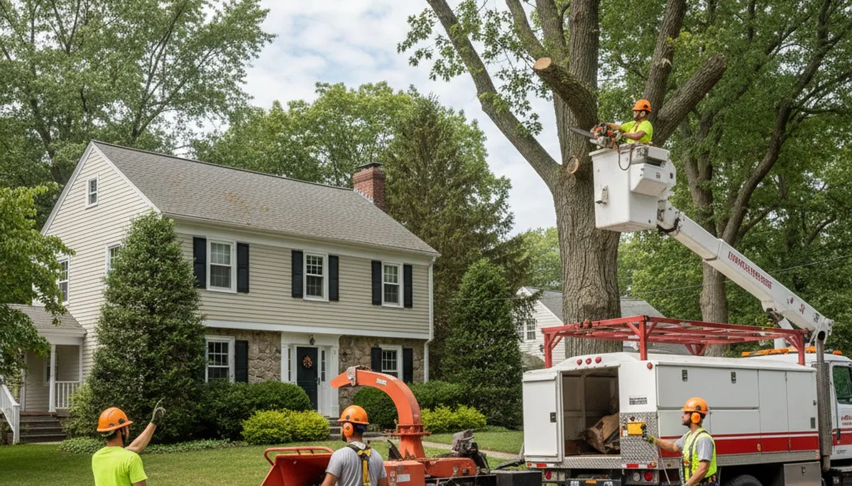 Tree service crew serving Saugus, MA with professional tree removal and trimming equipment