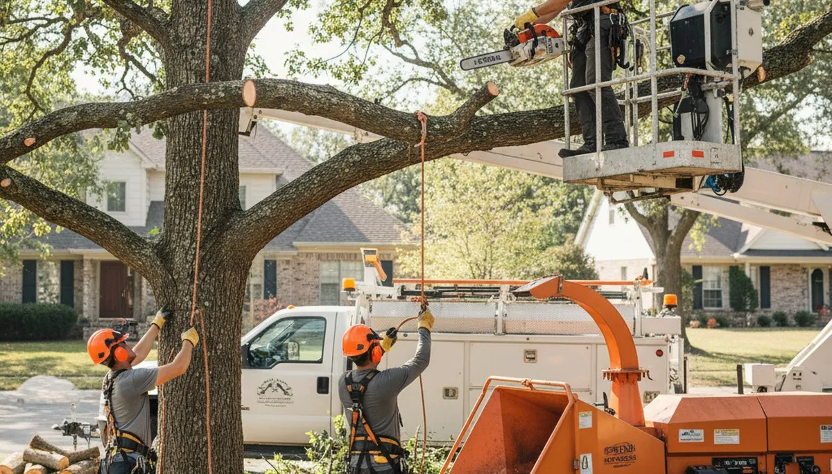 Tree service crew trimming trees in Saugus, MA for safer, healthier property care
